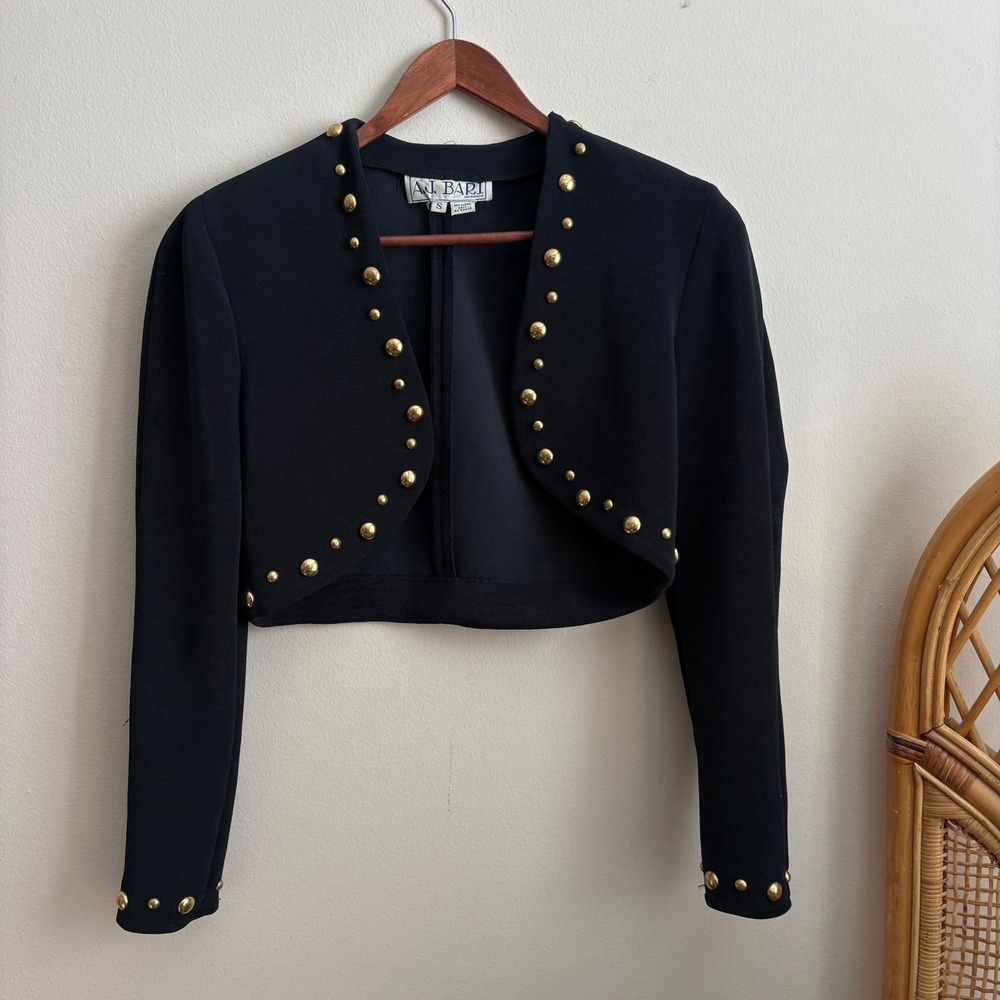 Vintage 1990's A.J. Bari Womens Cropped Gold Studded Black Bolero Jacket